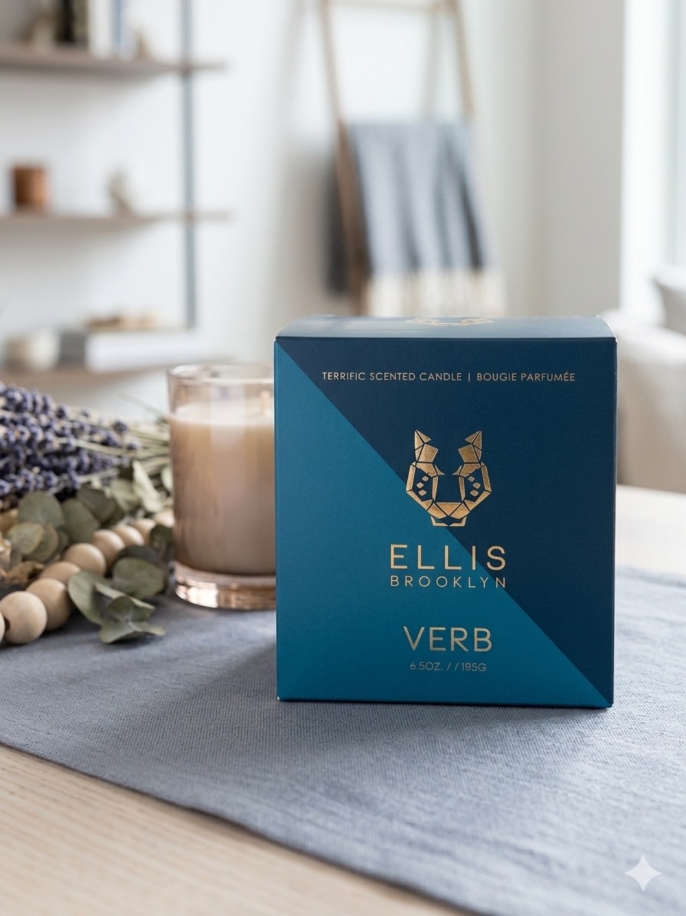 Ellis Brooklyn Verb Scented Candle - Teal Blue & Gold Box